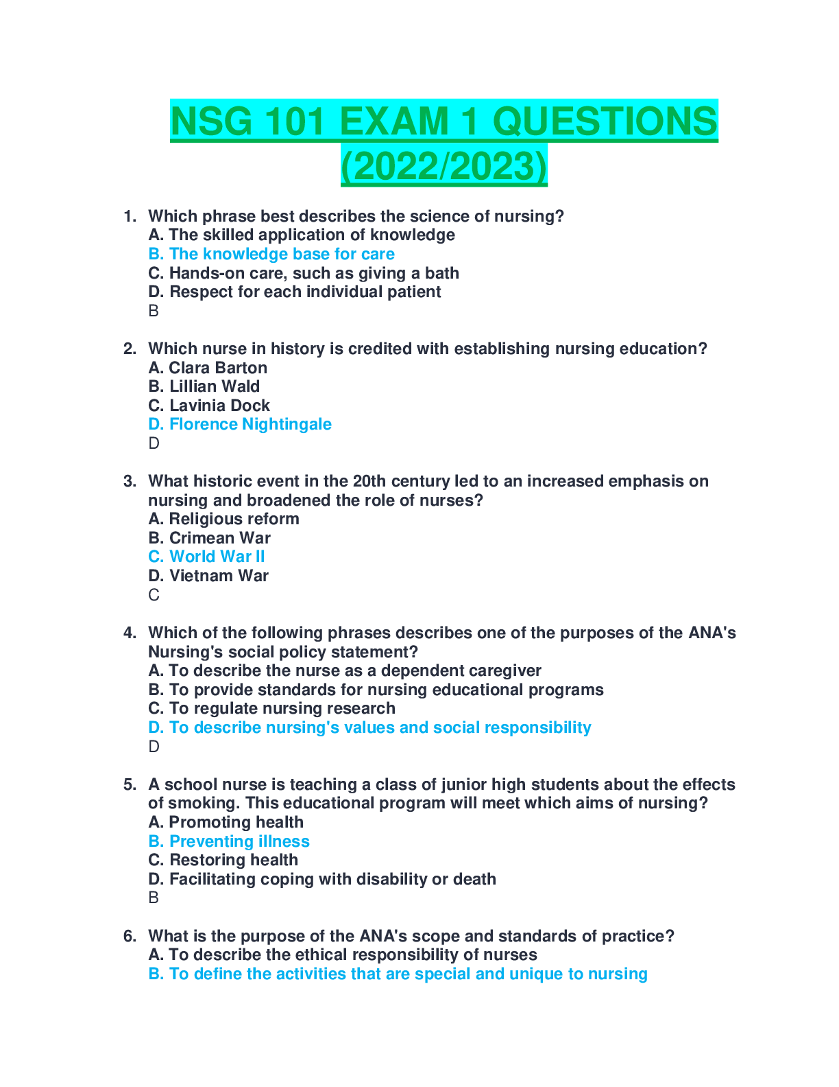 Preview of SOUTH UNIVERSITY NSG 101 EXAM 1 QUESTIONS AND ANSWERS.GRADED AND VERIFIED (2022/2023)